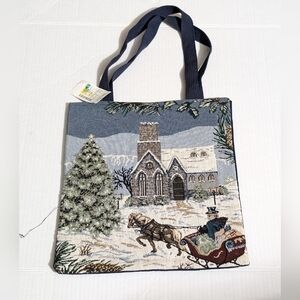 Vintage Tapestry Sleigh Ride Christmas Tote Bag With Navy Back & Handles. NWT